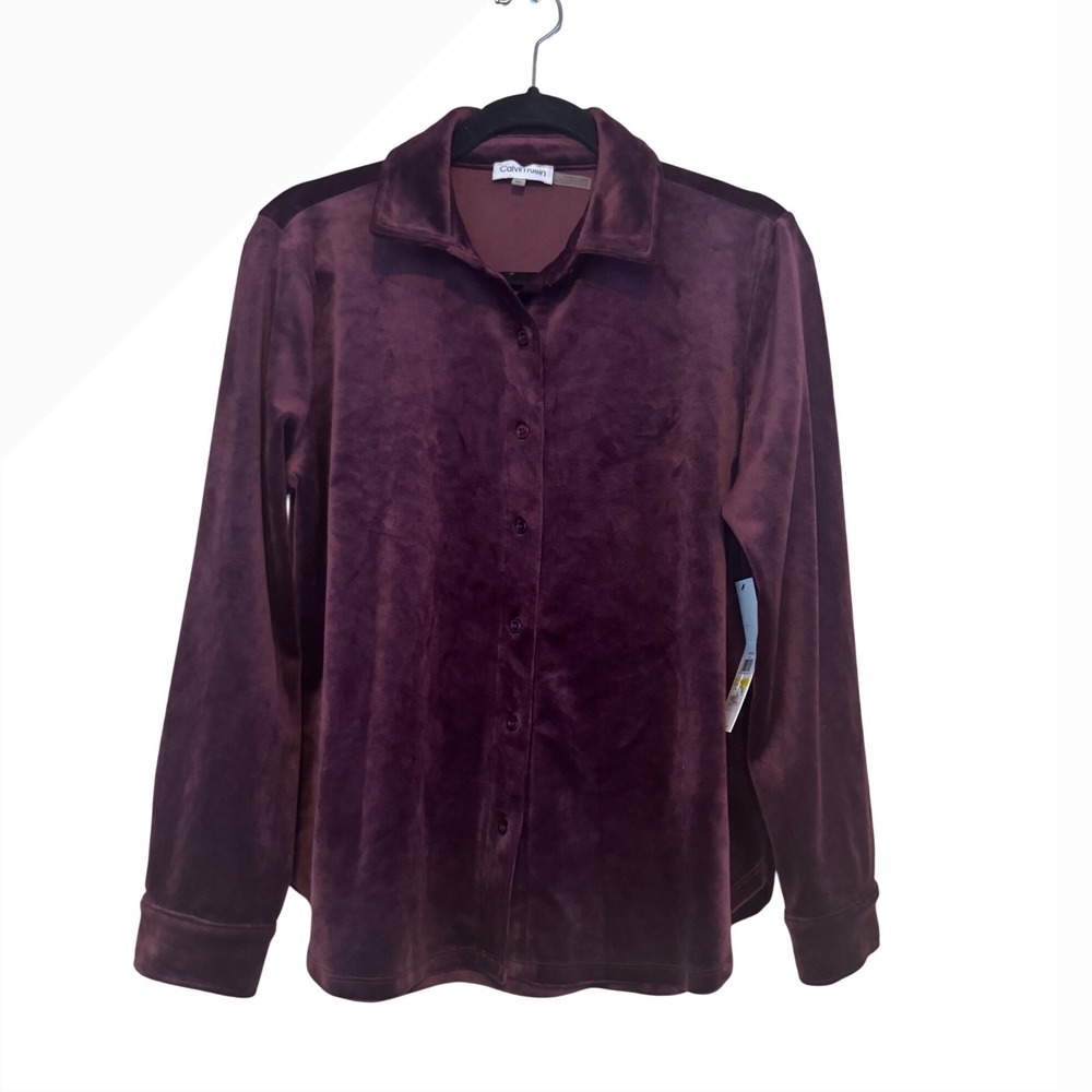 Calvin Klein Deep Plum Wine Velvet Burgundy Collared Button Long Sleeves Top NWT
